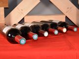 several bottles of wine are lined up on a red table cloth