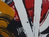 abstract painting of red, white, and black brush strokes on a white background