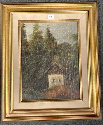tableau représentant une cabane dans les bois avec des arbres en arrière-plan