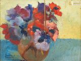 a painting of flowers in a vase on a table