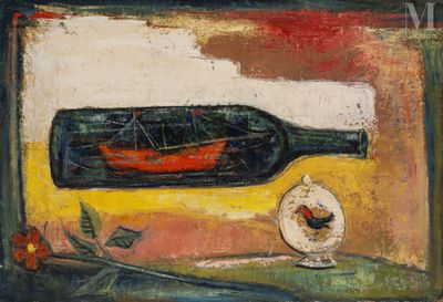 une peinture à l'huile représentant une bouteille et une assiette dans laquelle se trouve un bateau