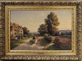an oil painting of a couple riding a bicycle down a country road