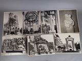 several black and white photographs of a building and a clock