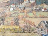 a painting of a farm in the middle of a field