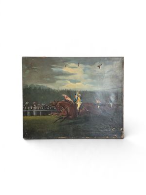 un vieux tableau représentant un cheval et son cavalier lors d'une course hippique
