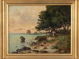 une image représentant une peinture d'une scène de plage avec un château au loin