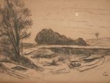 un dessin représentant un bateau au bord d'un lac