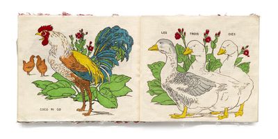 two pictures of chickens and roosters in a book