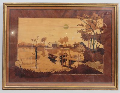 painting of a river scene with a boat in the foreground