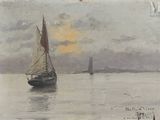 a painting of a sailboat on the water at sunset