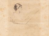 an old drawing of a woman sitting in a chair with her legs crossed