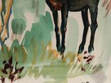 a painting of a horse that is standing in the grass