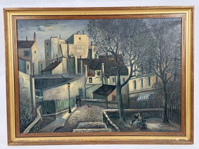 an oil painting of a street scene with buildings and trees