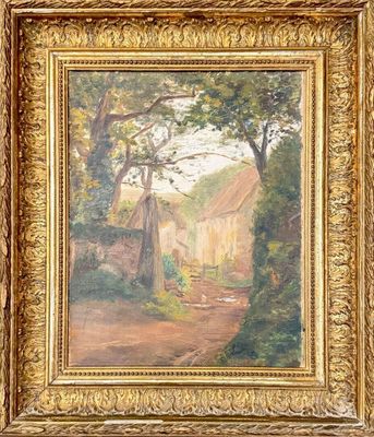 une peinture à l'huile représentant une route de campagne avec une maison à l'arrière-plan