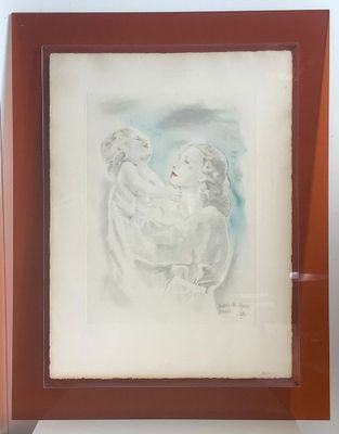 une image d'un tableau représentant une femme tenant un enfant dans ses bras