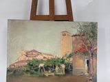 une peinture à l'huile représentant un bâtiment avec une tour horloge en arrière-plan