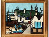 painting of a painting of boats in a harbor with houses in the background
