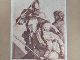 an old picture of a man riding on a horse with a sword
