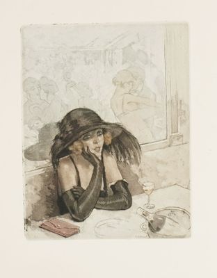 drawing of a woman sitting at a table with a glass of wine