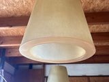 two lamps that are hanging from the ceiling in the room