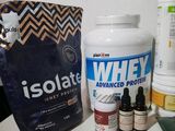 a bag of whey, a bottle of whey, a bottle of whey, a bottle of whey, and a bottle of whey