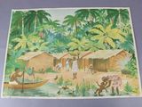 a picture of a painting of a village with people and animals