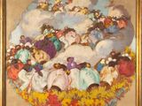 une image représentant un tableau où l'on voit un groupe de personnes dans un champ de fleurs