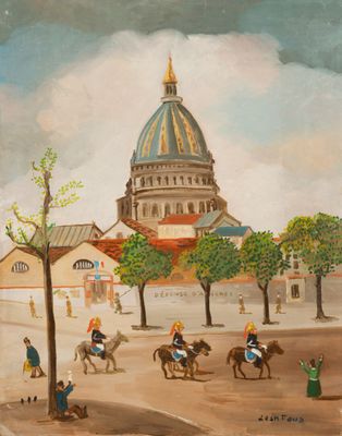 an oil painting of people riding horses in front of a building