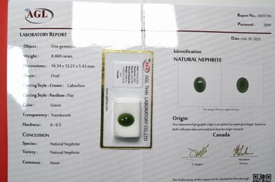 un certificat sur lequel figure l'image d'une paire de jades verts
