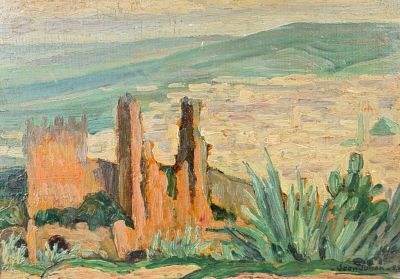 une peinture à l'huile représentant un paysage désertique avec des cactus et des montagnes en arrière-plan