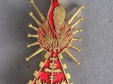 a close up of a red and gold brooch with a bird on it