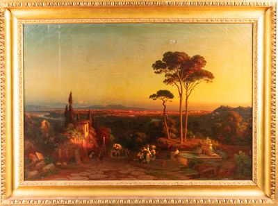 an oil painting of a landscape with a church in the distance