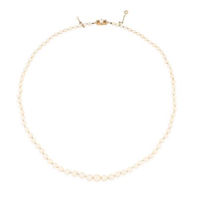 a white pearl necklace with a gold clasp on a white background