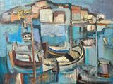 a painting of boats docked in a harbor with buildings in the background