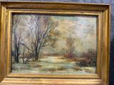 une peinture à l'huile représentant un paysage enneigé avec des arbres au premier plan