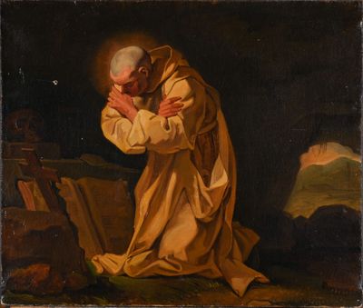 un tableau représentant un homme à genoux, les mains jointes contre son visage