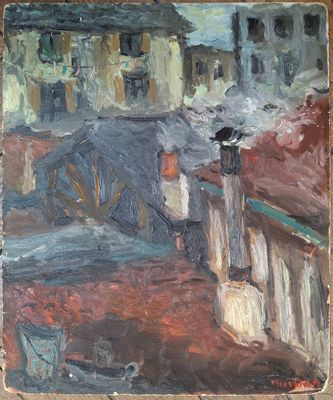 an oil painting of a black cat sitting on a ledge