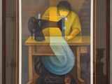 painting of a woman sewing on a sewing machine in a room