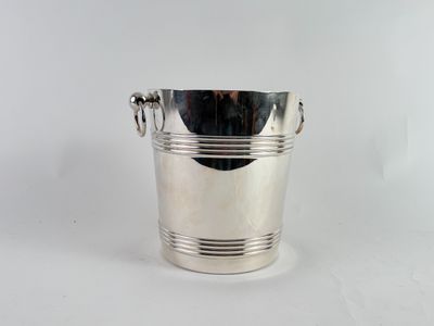 a silver ice bucket with a handle on a white background