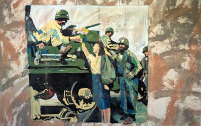 tableau représentant un groupe de soldats debout devant un véhicule militaire
