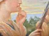 a painting of a woman holding a rifle and a bird