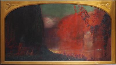 an image of a painting of a castle in a red landscape