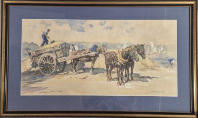 tableau représentant deux chevaux tirant une charrette sur laquelle se trouve un homme