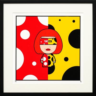 an image of a picture of a woman with a red helmet and polka dot background