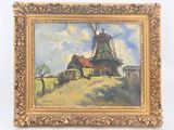 une peinture à l'huile représentant un moulin à vent sur une colline, avec une maison en arrière-plan