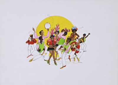 tableau représentant un groupe de personnes dansant devant un soleil jaune