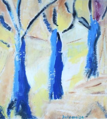 un tableau représentant trois personnes debout sous un arbre