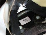 a close up of a helmet with a label on it