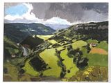 an image of a painting of a landscape with hills and fields