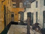 painting of a street scene with a person walking down the street